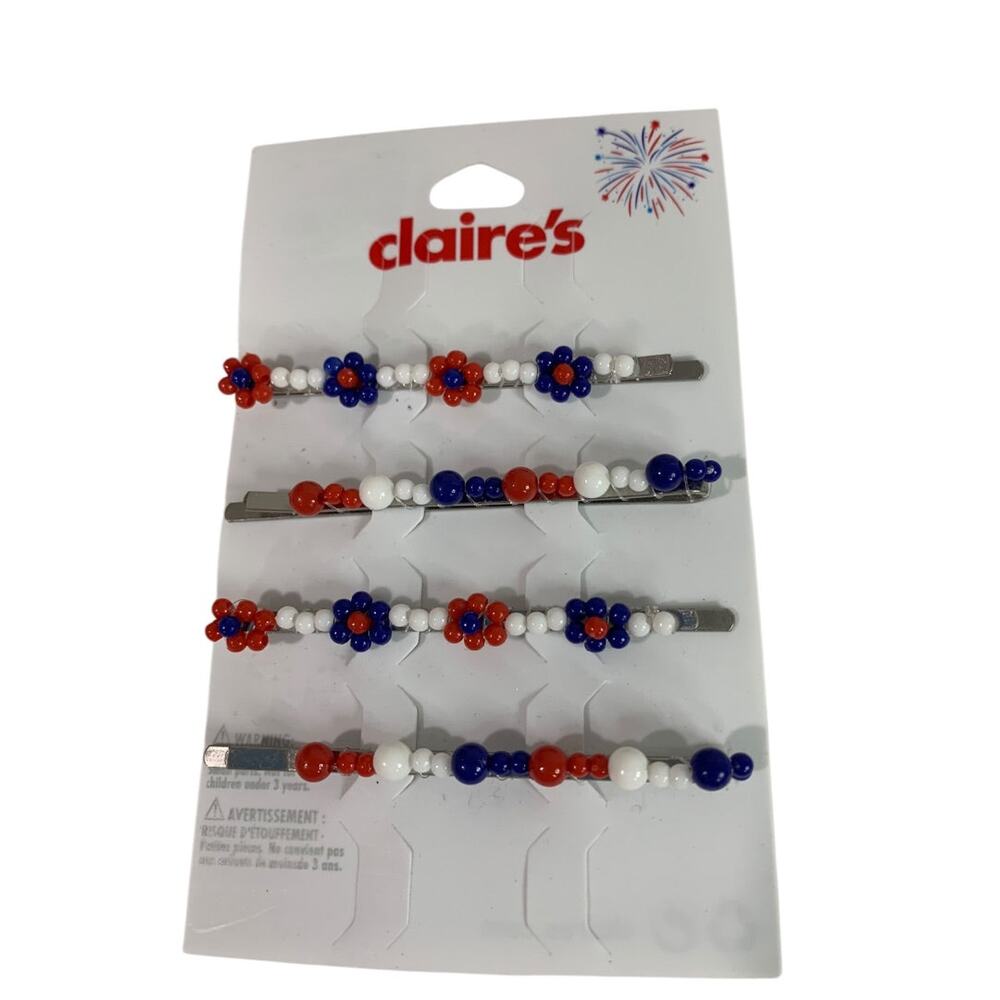 Claires New Set of 4 Patriotic Hair Bobby Pins Red White Blue
